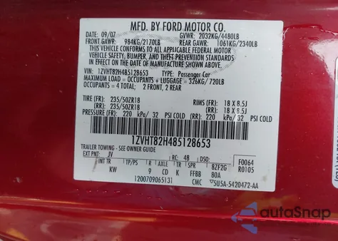 2008 Ford Mustang Gt Deluxe/Gt Premium из США, поврежденный, VIN 1ZVHT82H485128653